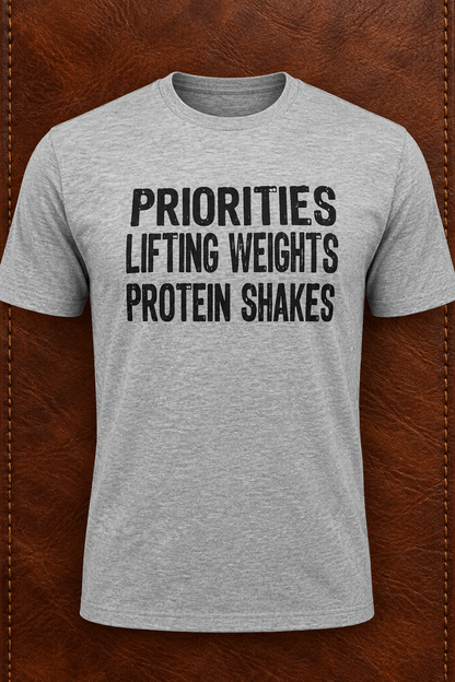 Priorities, Lifting Weights, Protein Shakes (T-Shirt)