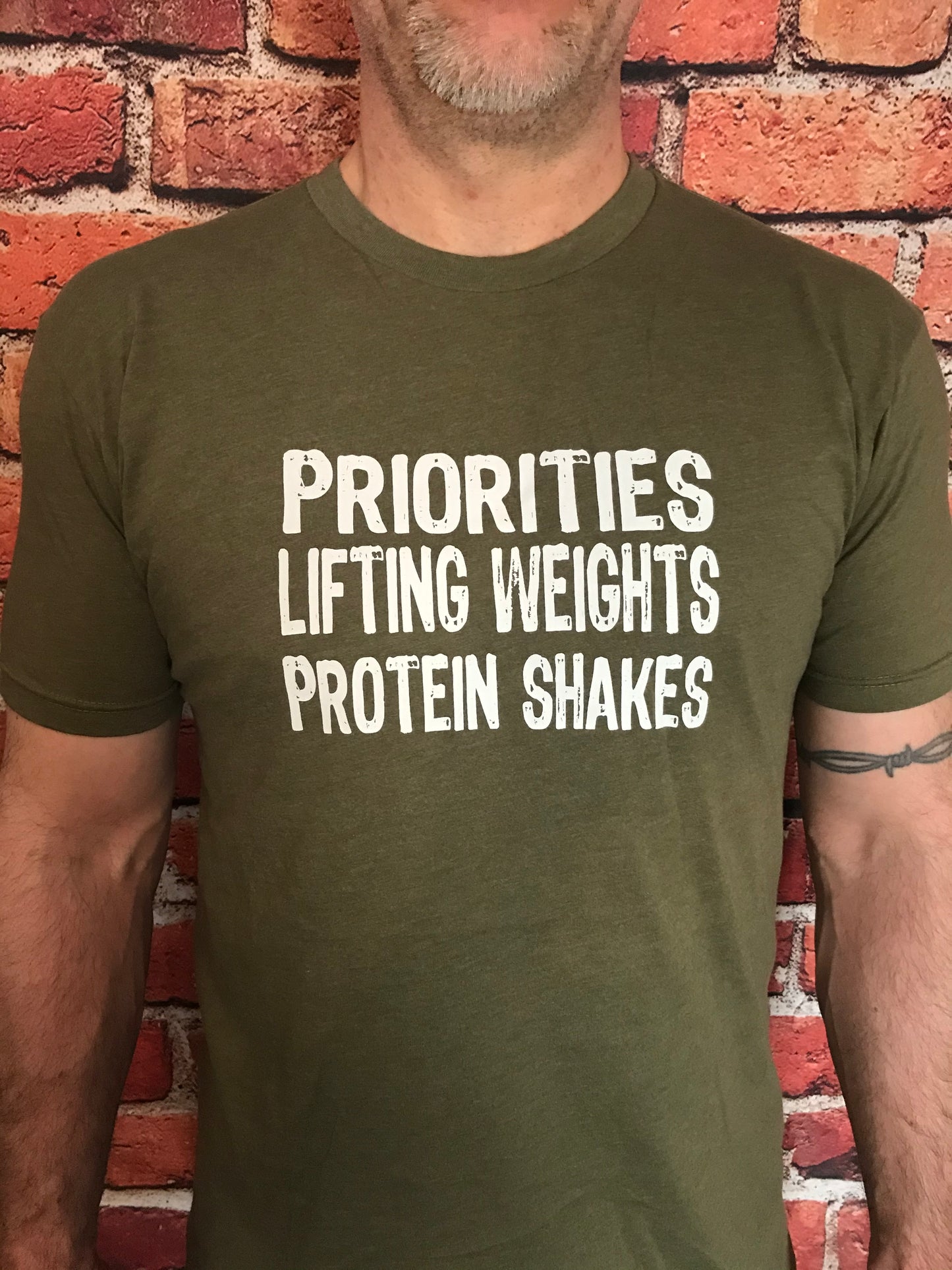 Priorities, Lifting Weights, Protein Shakes (T-Shirt)