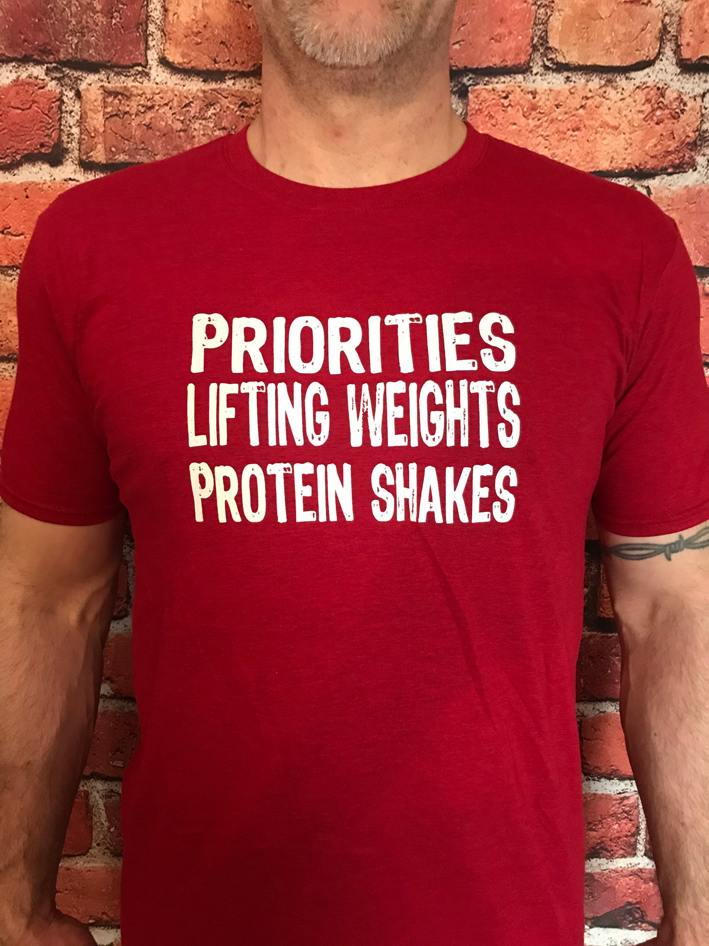 Priorities, Lifting Weights, Protein Shakes (T-Shirt)