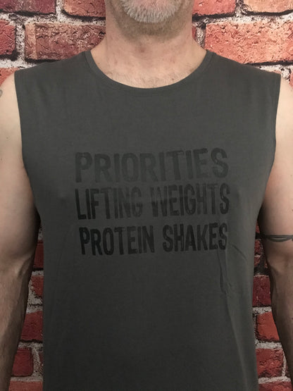 Priorities, Lifting Weights, Protein Shakes (Tank)