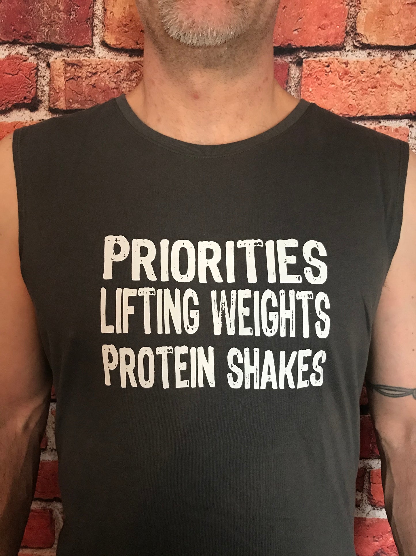 Priorities, Lifting Weights, Protein Shakes (Tank)